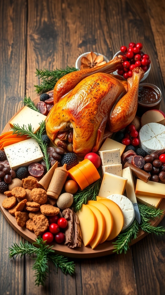 A festive Christmas dinner board with turkey, cheeses, meats, fruits, and seasonal decorations on a wooden table.